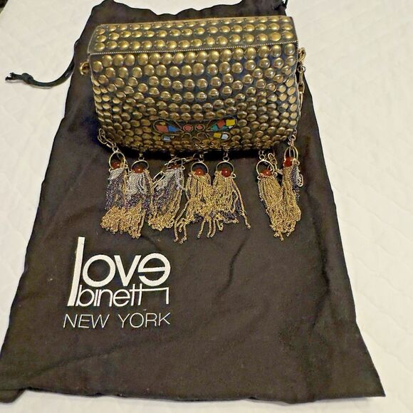 Love Binetti Diego Metal Brass Stud Clutch Bag Mini Purse Butterfly Coral Tassel - Picture 3 of 16